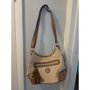 Giani Bernini Hobo Bag Natural Linen Brown Faux Ostrich Leather Trim Tassel